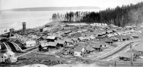 A view of the earliest part of the Powell River townsite, looking down towards the commercial district and the harbour. Early 20th century.