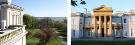 Left: Lake Ontario from the roof of Dundurn.             Right: The Main façade and portico entrance.