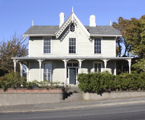 Wentworth Villa - built 1863 in Victoria, B.C. Essentially intact. A wooden railing around the front porch roof was lost c1905, and the porch posts were replaced with turned posts c1890. This is a typical wood Gothic-Revival home in North America.